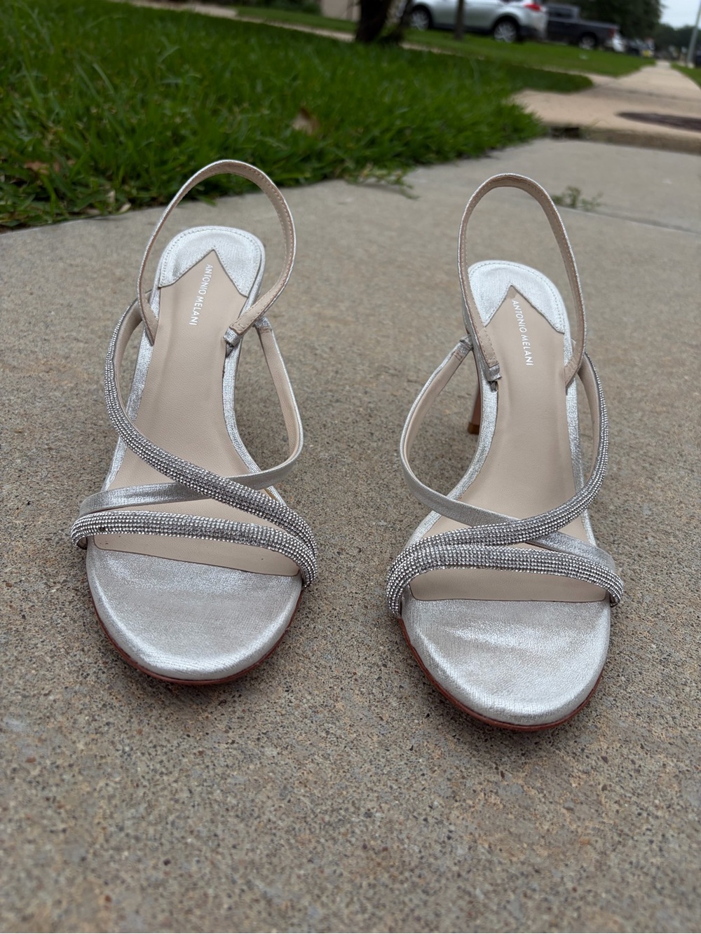ANTONIO MELANI Silver Crystal-Strap Slingback Heels